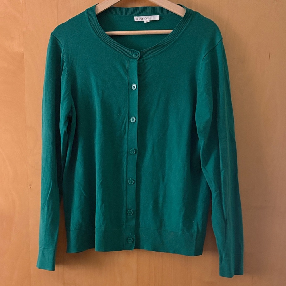 cleo Teal Green Crewneck Button Cardigan